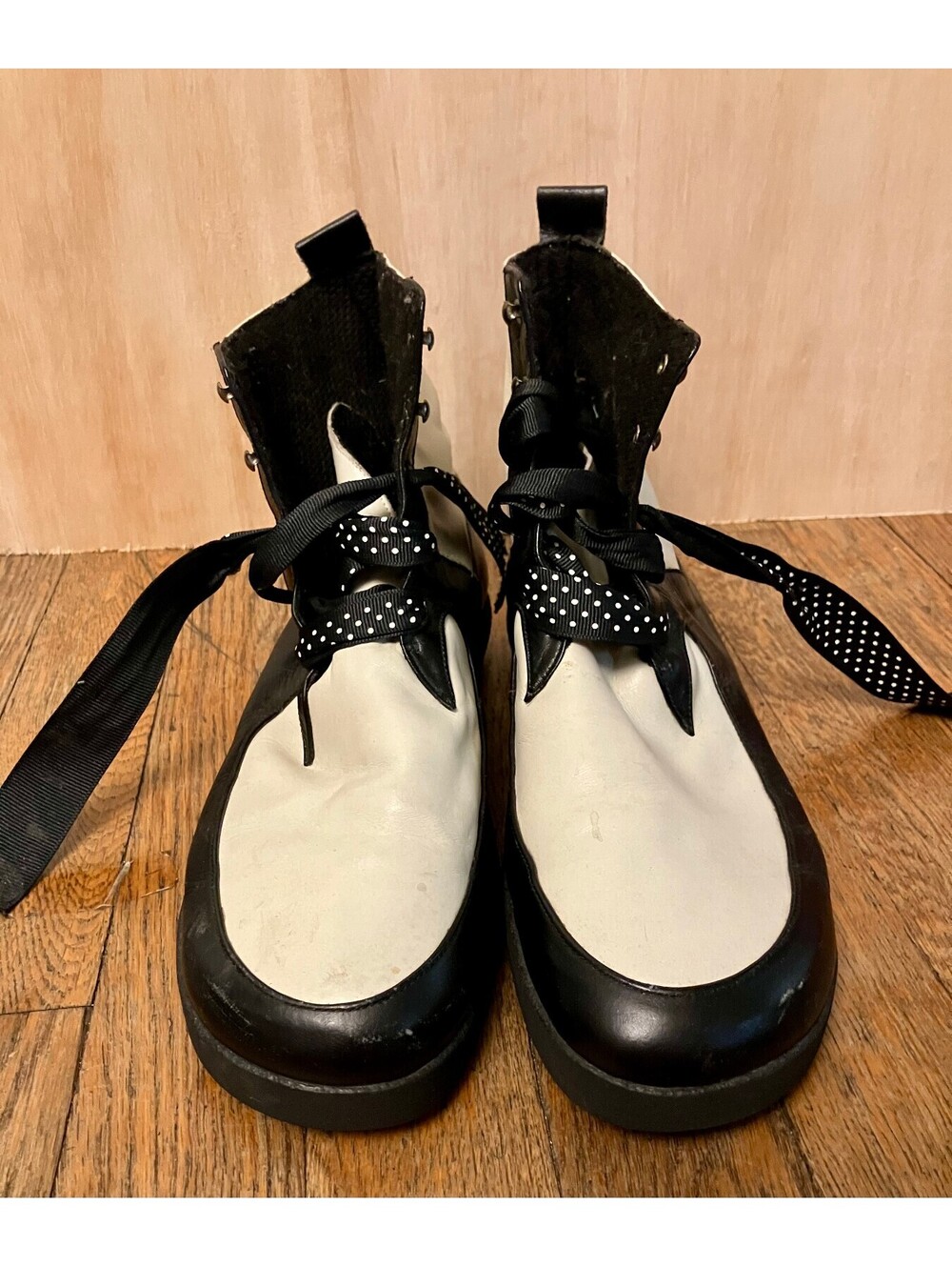 Yves Deslange Black White Leather Lace Up Boots Two Tone Ribbon Goth Womens 8